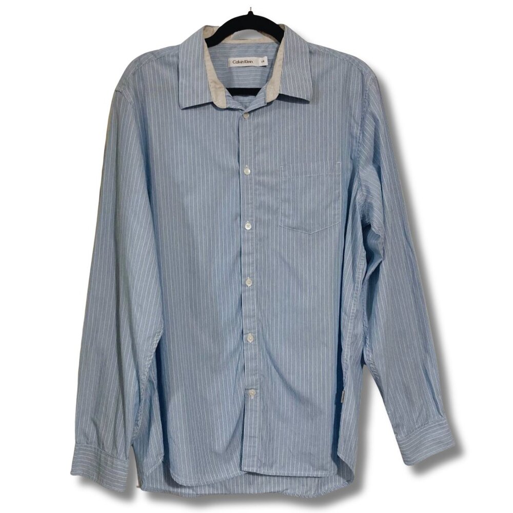 CALVIN KLEIN Men's blue vertical striped button-down shirt ~ LARGE button-down